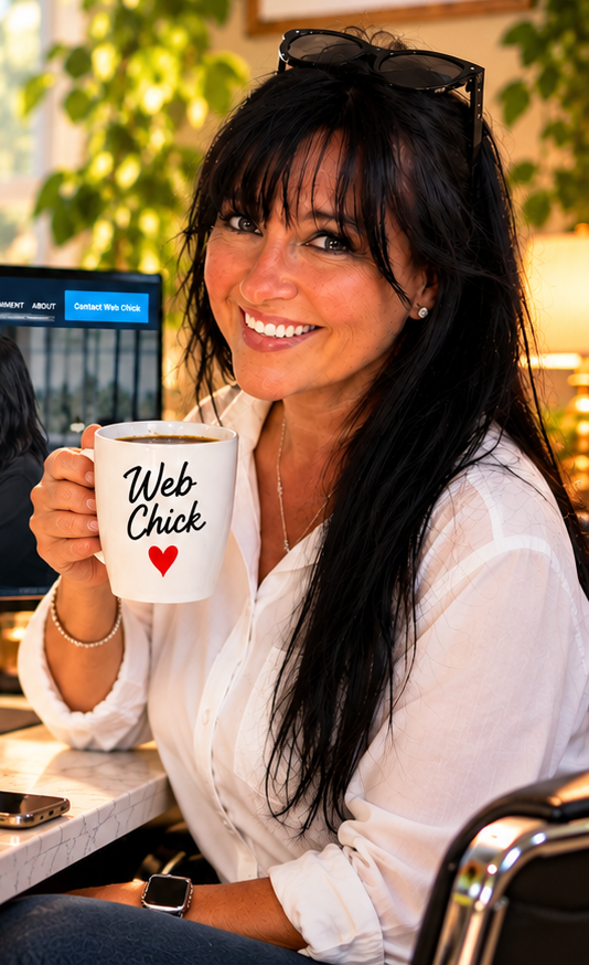 Crissy of Web Chick at her desk holding a Web Chick coffee mug