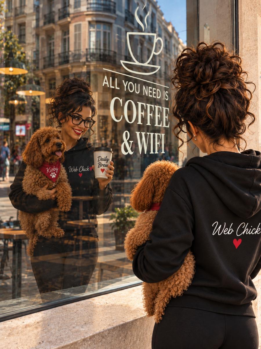 Crissy Devine, founder of Web Chick, holding her dog Kirby and a coffee outside a cafe window