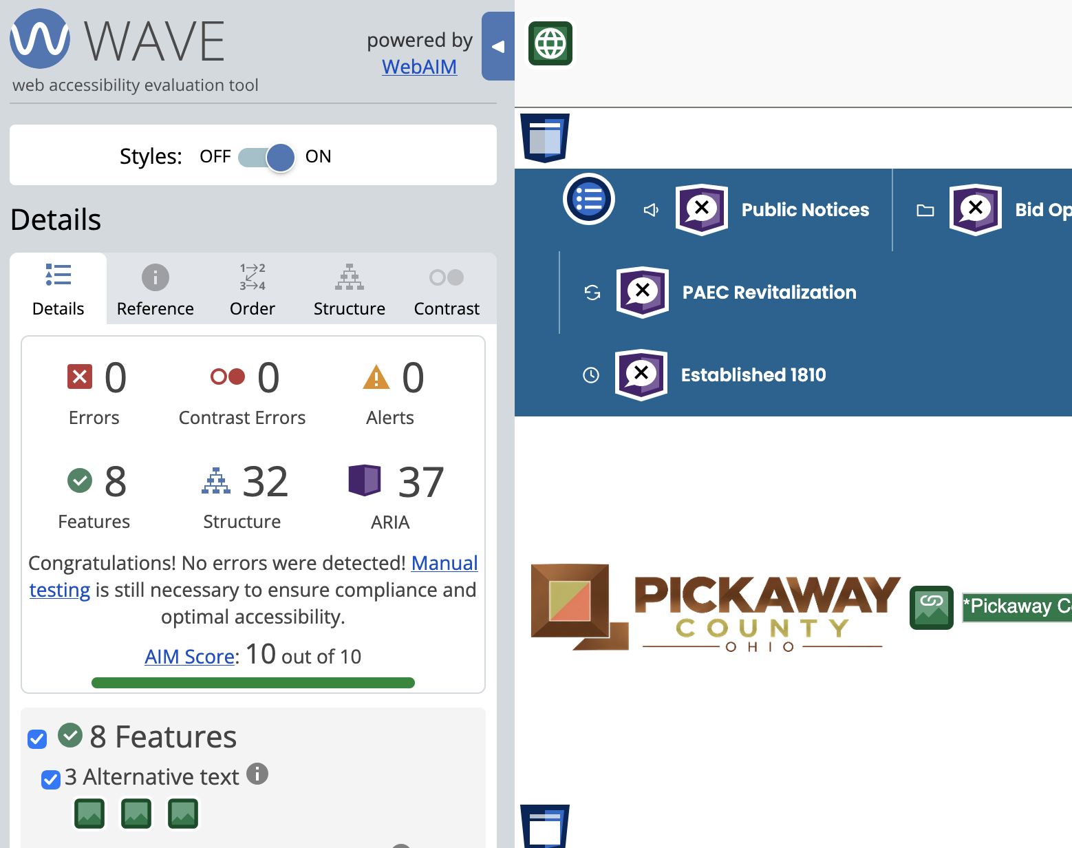 WAVE report for the new Pickaway County homepage showing 0 errors, 0 contrast errors, 0 alerts and an AIM score of 10 out of 10