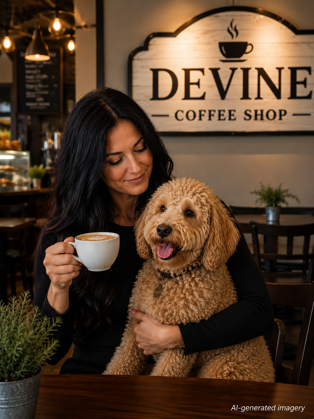 AI-generated image of a woman and a goldendoodle at Devine Coffee Shop, with an AI-generated imagery label in the lower corner