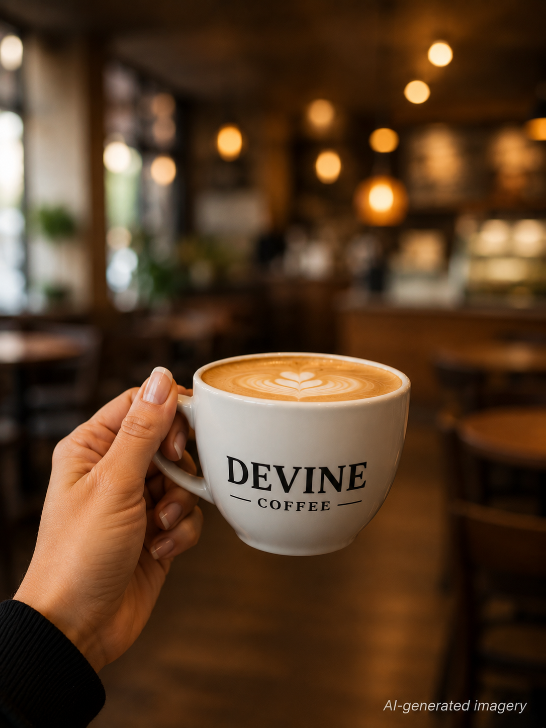 AI-generated image of a hand holding a Devine Coffee cup in a cafe, with an AI-generated imagery label in the lower corner