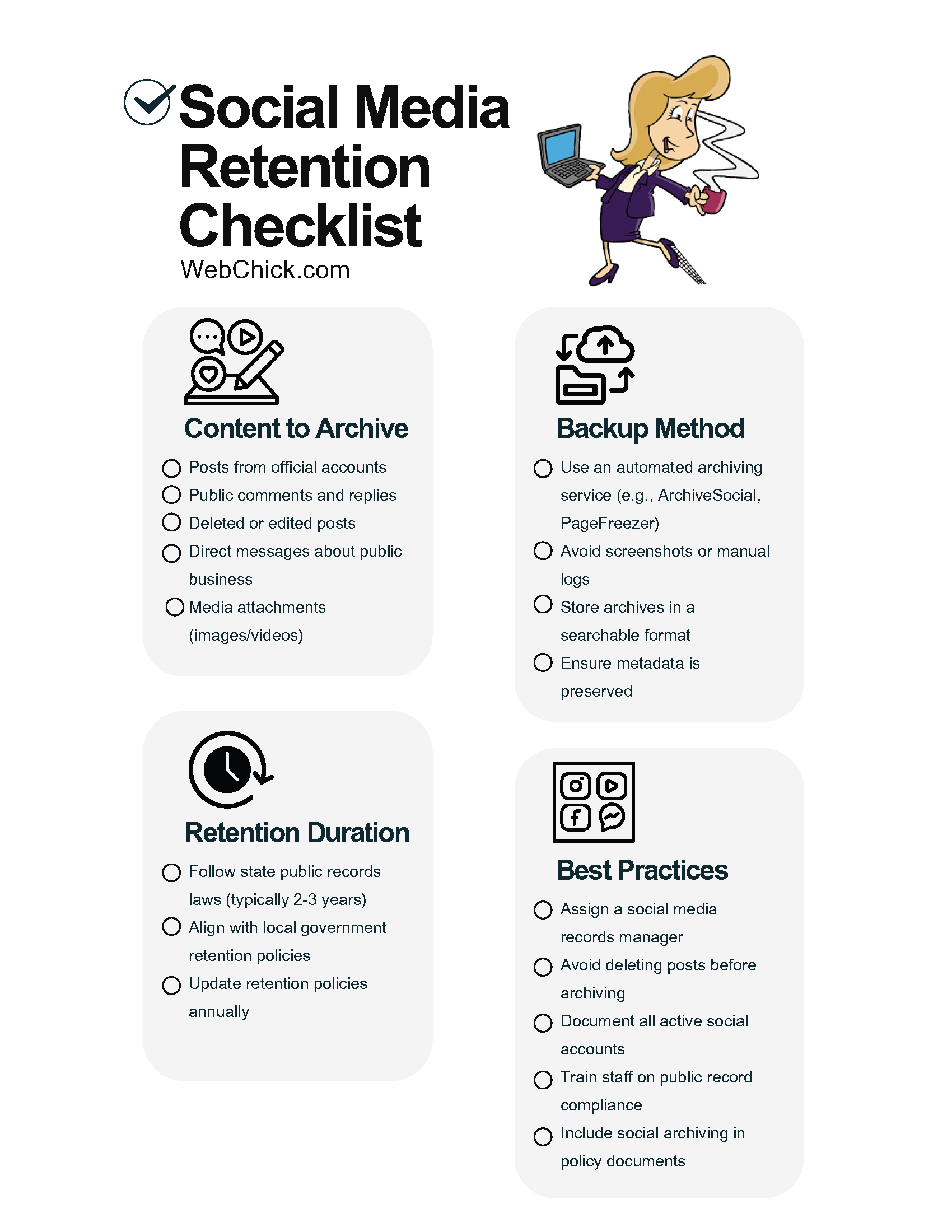 Social Media Retention Checklist by WebChick.com — content to archive (posts, comments, deleted posts, DMs, media), backup method, retention duration, and best practices for government agencies.